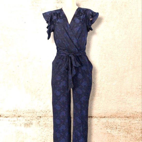 Anthropologie Pants - Midnight Navy Floral Jacquard V-neck Wrap Jumpsuit XS